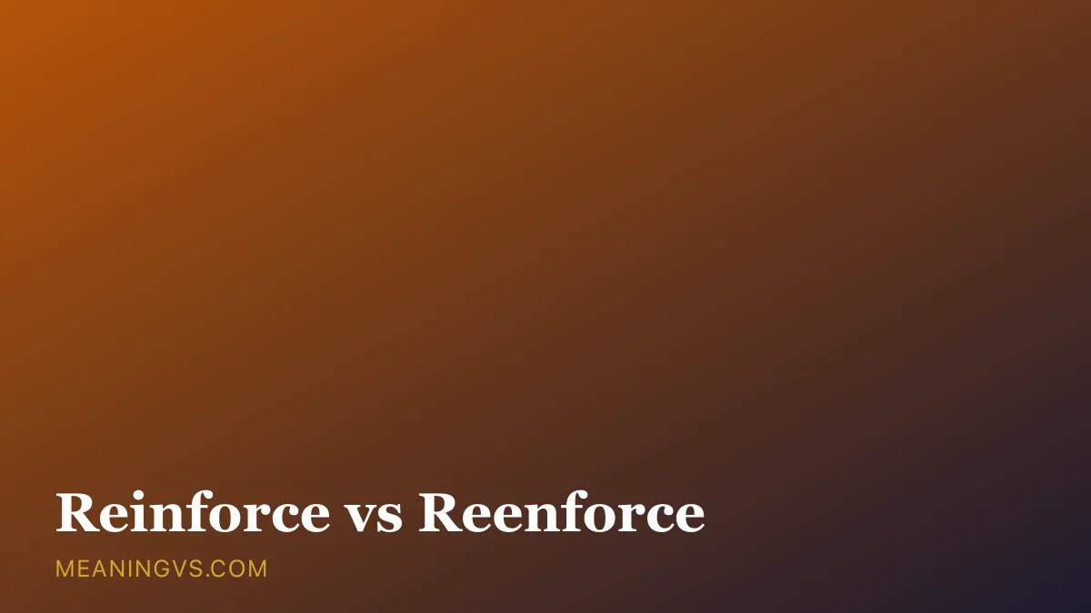 The word reinforce written boldly above the crossed-out variant reenforce, with a steel beam bracing a wall to suggest strengthening
