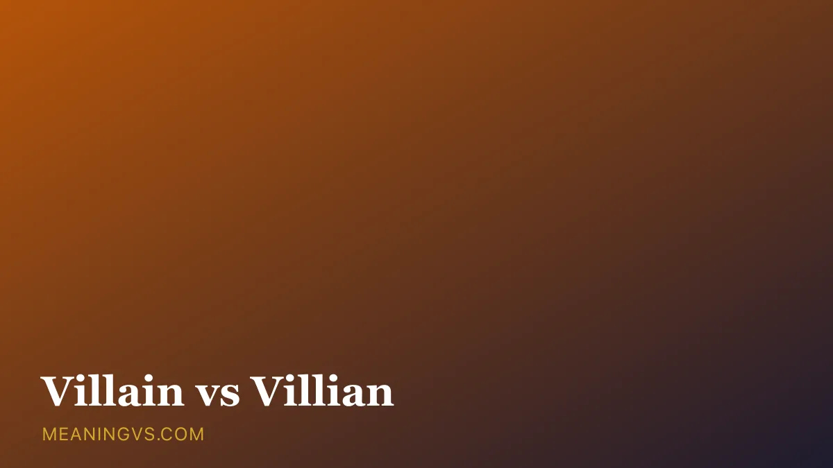 The word villain spelled correctly on a comic-book speech bubble, with the misspelling villian crossed out beside a shadowy caped figure
